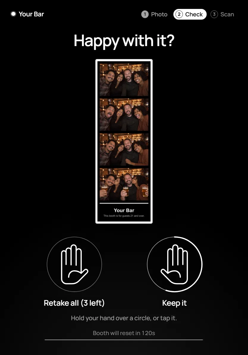 The review screen: Happy with it? over a strip of four photos of friends at a bar with Your Bar along the bottom, and two hand circles, Retake all and Keep it