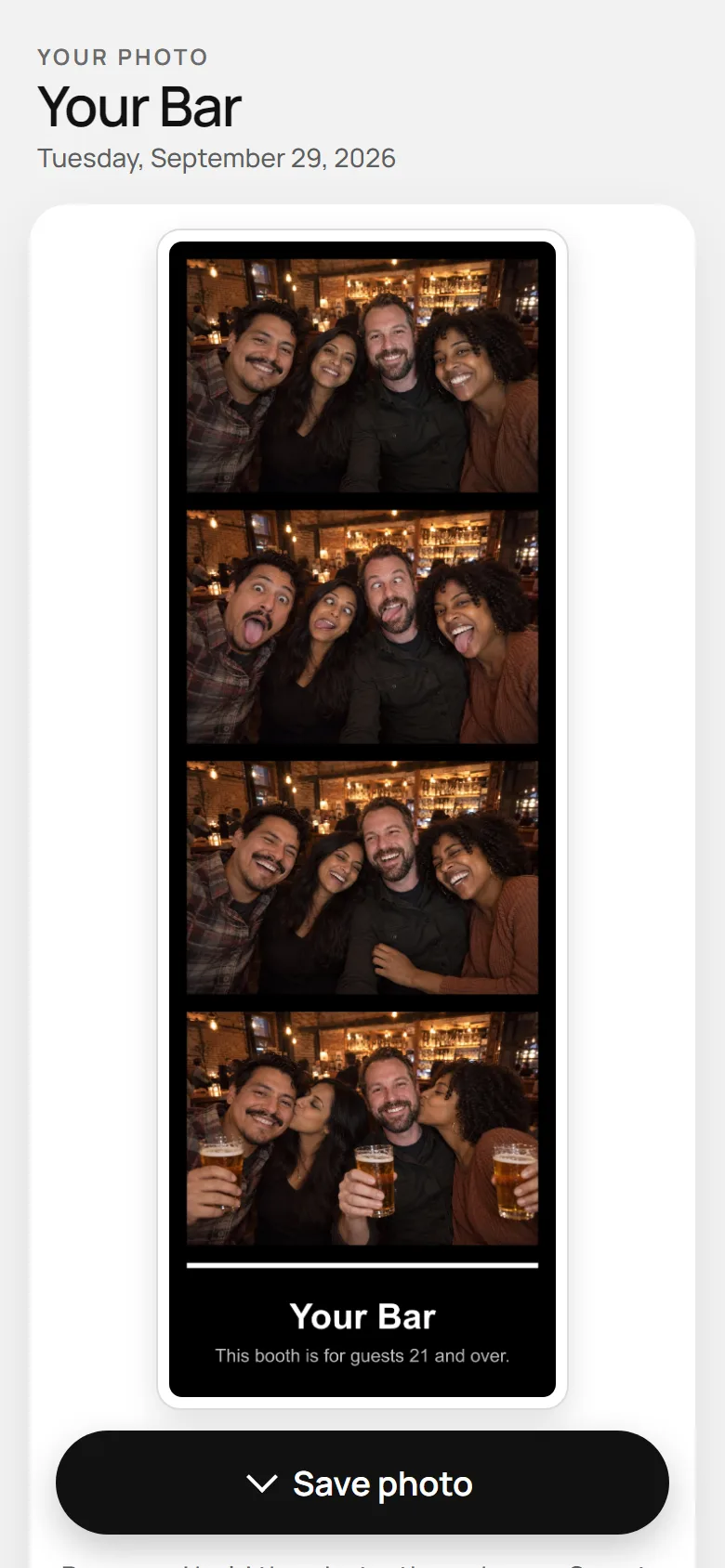 The guest's phone: their photo strip from Your Bar, a Save photo button, and Text me or Email me